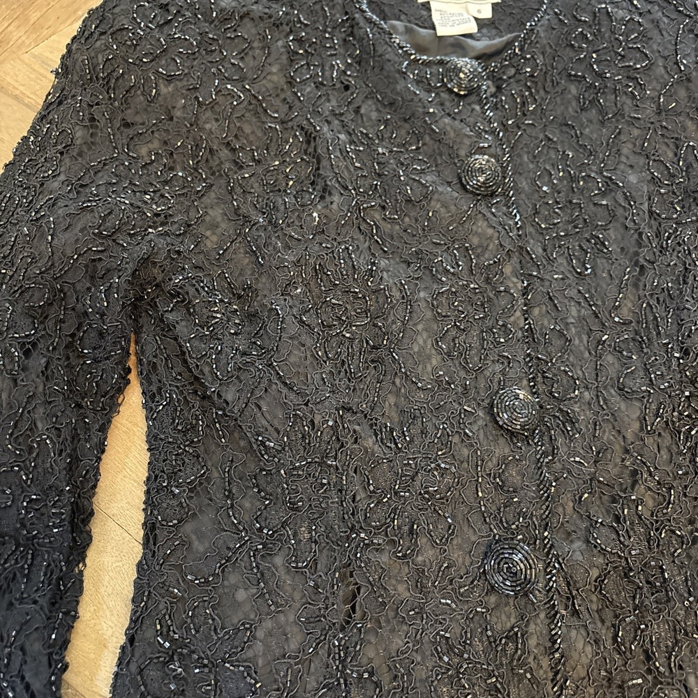 Carmen Marc Valvo  Black Lace Beaded Jacket Size 6 Vintage Lined Formal - Picture 4 of 8